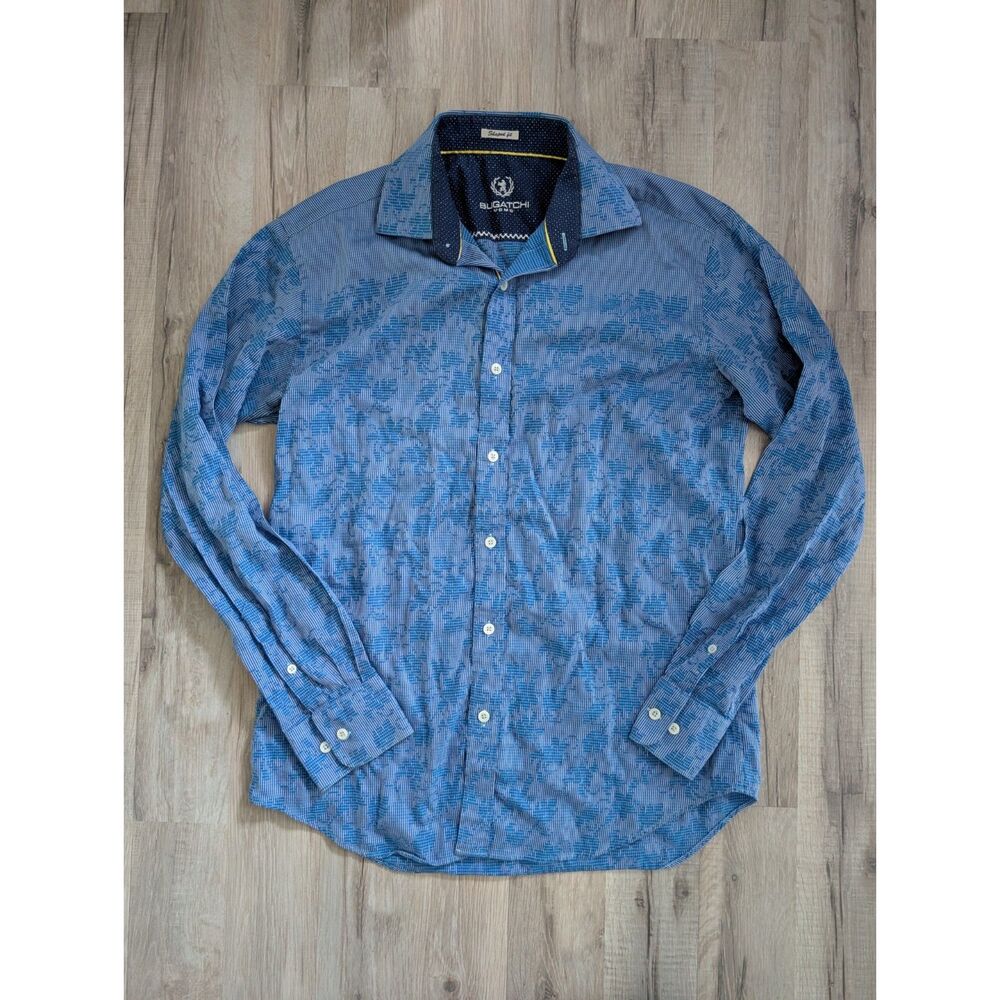 Bugatchi Blue Print Button Down Shaped Fit Cotton Shirt, Small (C3)